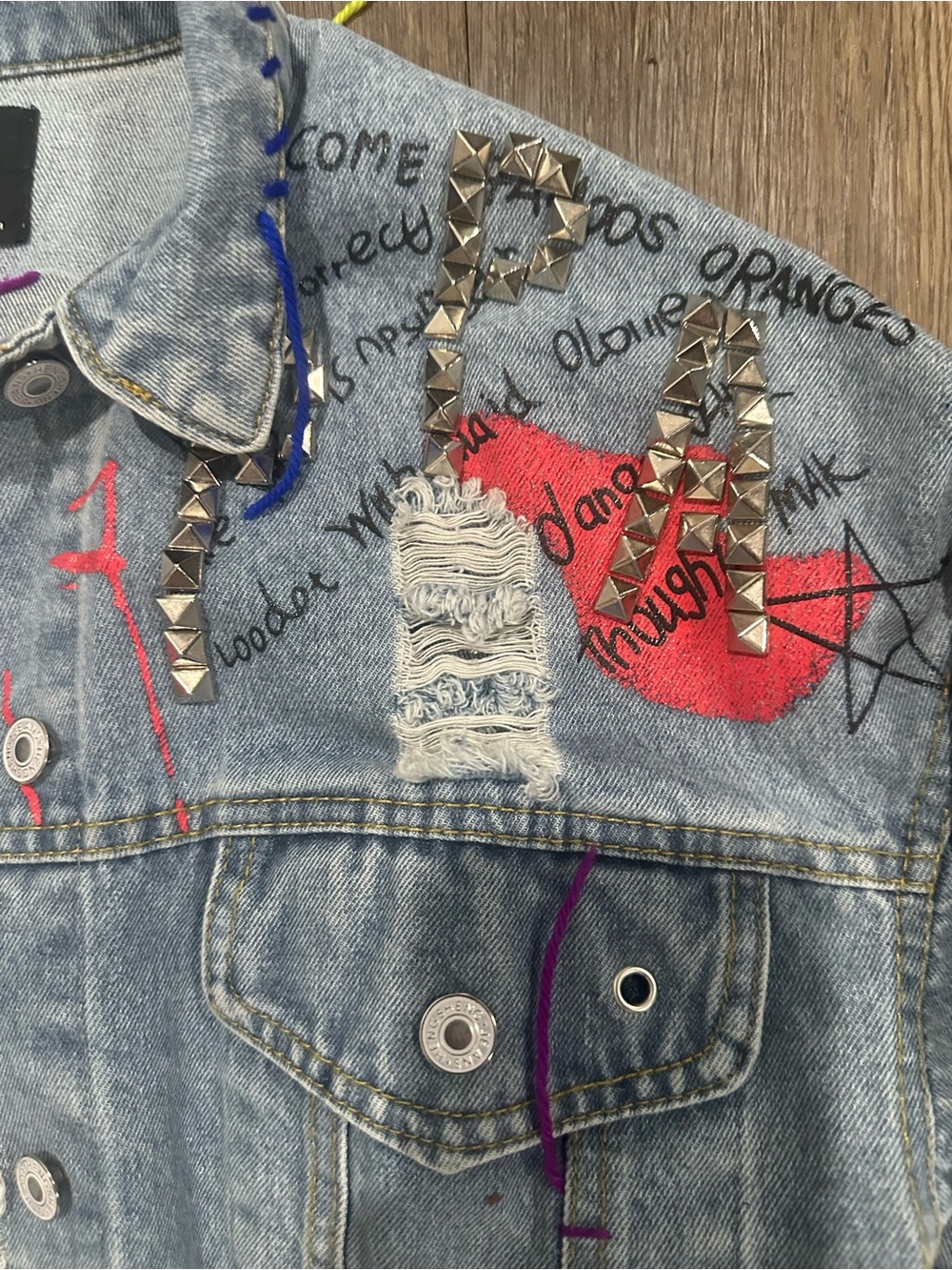 AKIRA Light Wash Denim Jacket with Multicolor Embroidery & Studs - Picture 4 of 7